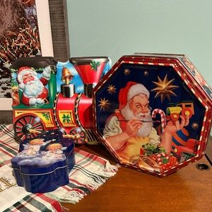 Vintage Ullman Christmas train plastic, two Christmas tins, Santa, angels